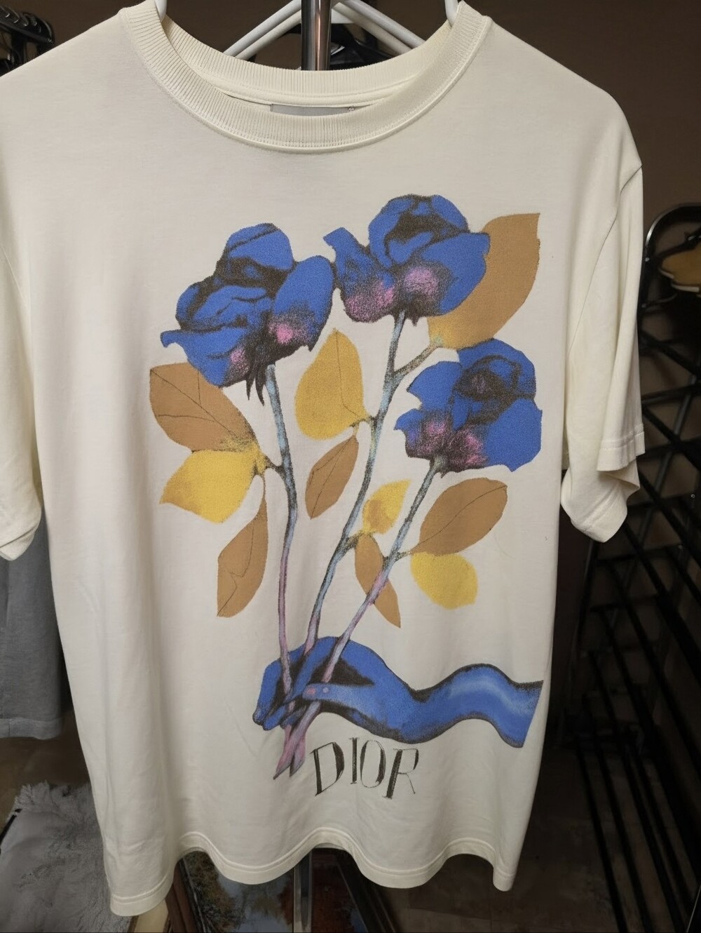 Dior Oversized Cream Tee with Blue and Gold Floral Graphic